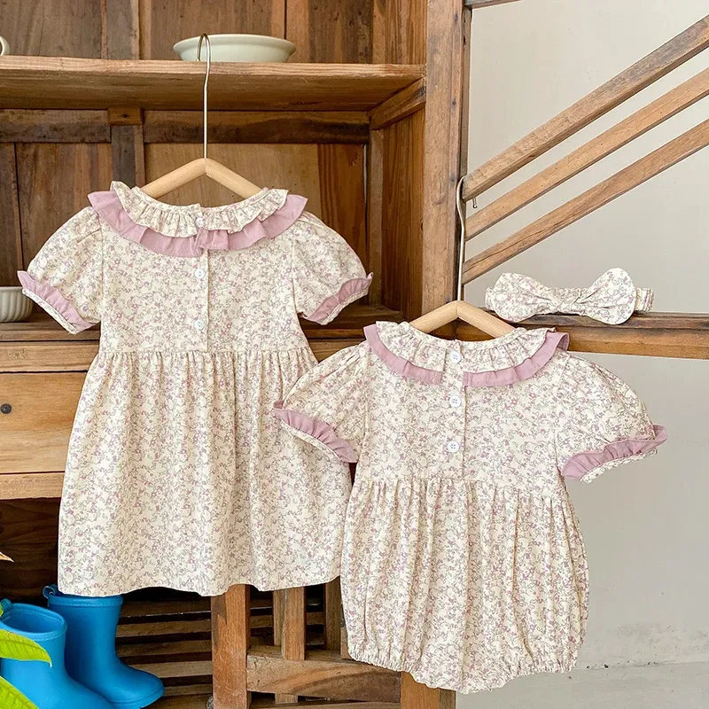 Color: MULTI, Kid Size: 3M - 2024 New Summer Kids Princess Dresses Short Sleeved Cotton Print Baby Girl Party Dress Infant Girl Romper Sister Clothing