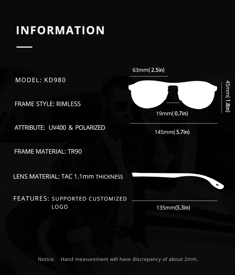 Lenses Color: Yellow - KDEAM Rimless Oval Men's Sunglasses Polarized TR90 Material Frame TAC Polarization Lense Soft Rubber Foot Cover