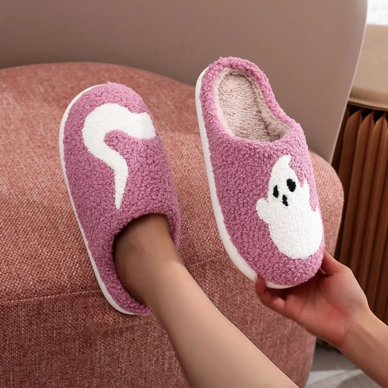 Color: PURPLE, Shoe Size: 44 - Halloween Ghost Pattern Home plaid stuffed Slippers Winter Warm Shoes Home Cotton Slippers Non-slip Thick Sole Holiday Gift Preferred
