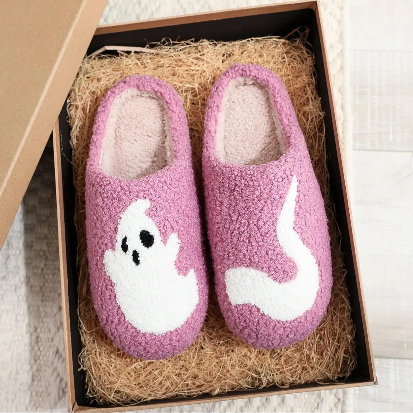 Color: PURPLE, Shoe Size: 44 - Halloween Ghost Pattern Home plaid stuffed Slippers Winter Warm Shoes Home Cotton Slippers Non-slip Thick Sole Holiday Gift Preferred