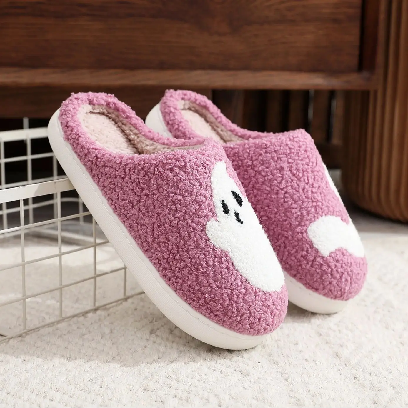 Color: PURPLE, Shoe Size: 44 - Halloween Ghost Pattern Home plaid stuffed Slippers Winter Warm Shoes Home Cotton Slippers Non-slip Thick Sole Holiday Gift Preferred