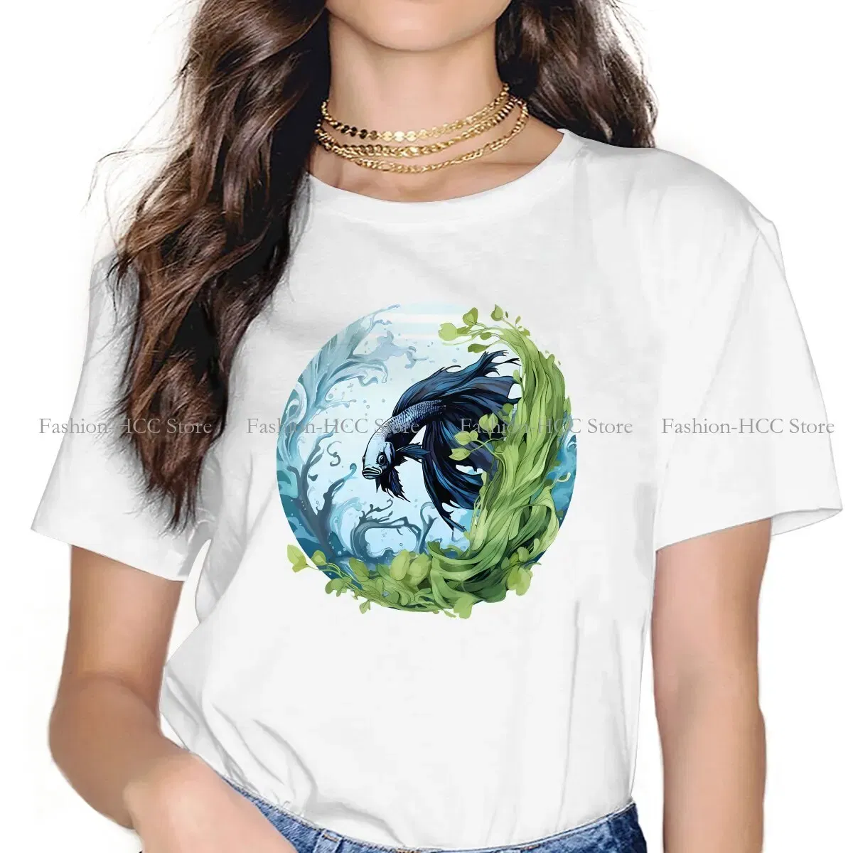 Color: WHITE, Size: L - Betta In A Bubble Hip Hop Polyester TShirt Fish Funny Cartoon Style Tops Leisure T Shirt Female Short Sleeve