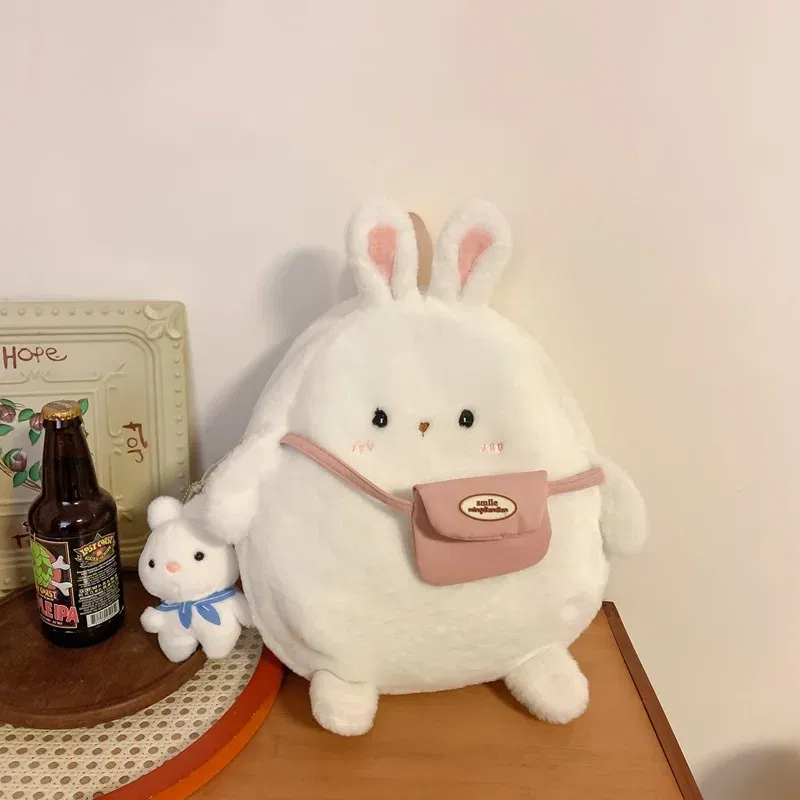 Color: WHITE - 2024 New Cartoon Plush Rabbit Backpack Girl Cute Large Capacity Soft Bag Leisure Plush Book Bag Solid Color Crossbody Bag