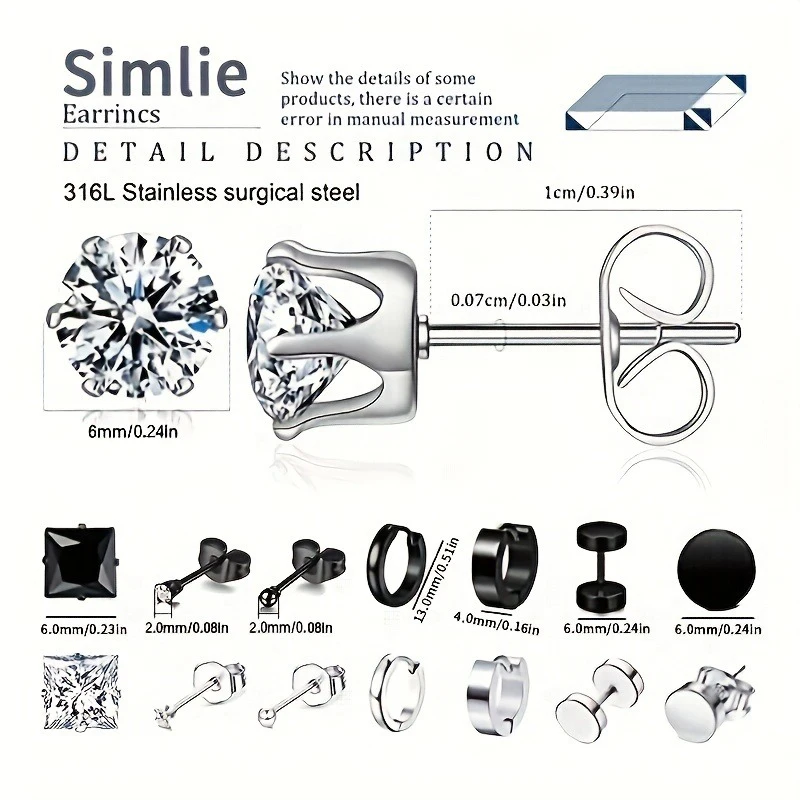 Metal Color: Imitation Rhodium Plated - 16pairs Stainless Steel Earrings For Men, CZ Black & Silvery Earrings Huggie Hoop Jewelry Earrings Set