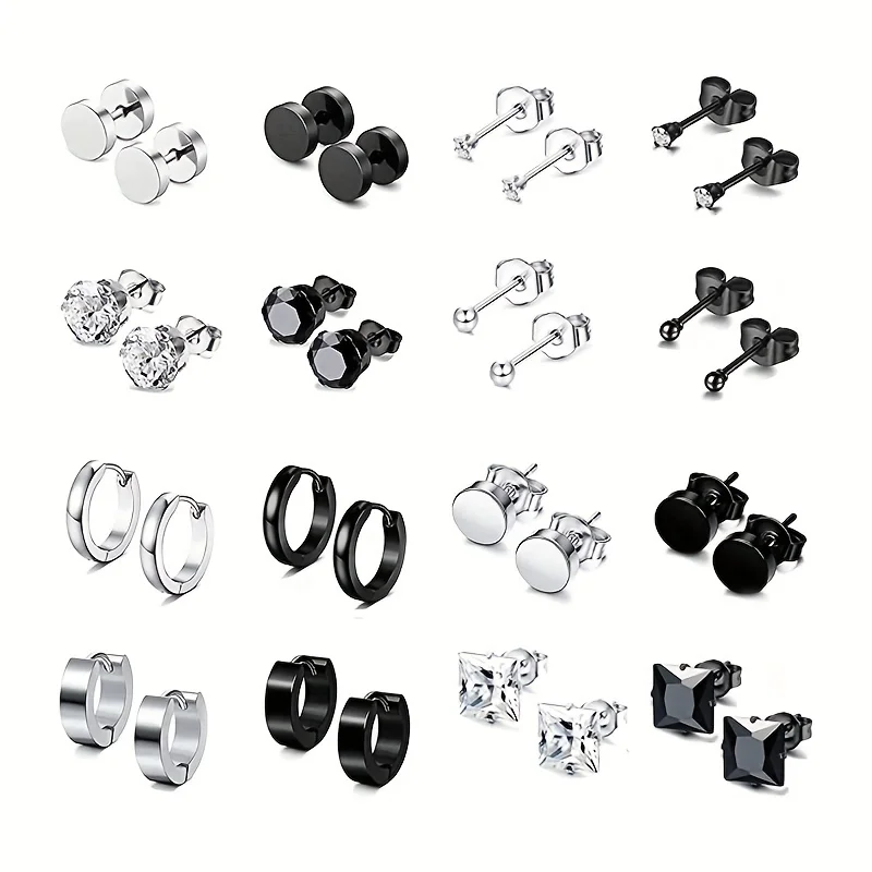 Metal Color: Imitation Rhodium Plated - 16pairs Stainless Steel Earrings For Men, CZ Black & Silvery Earrings Huggie Hoop Jewelry Earrings Set