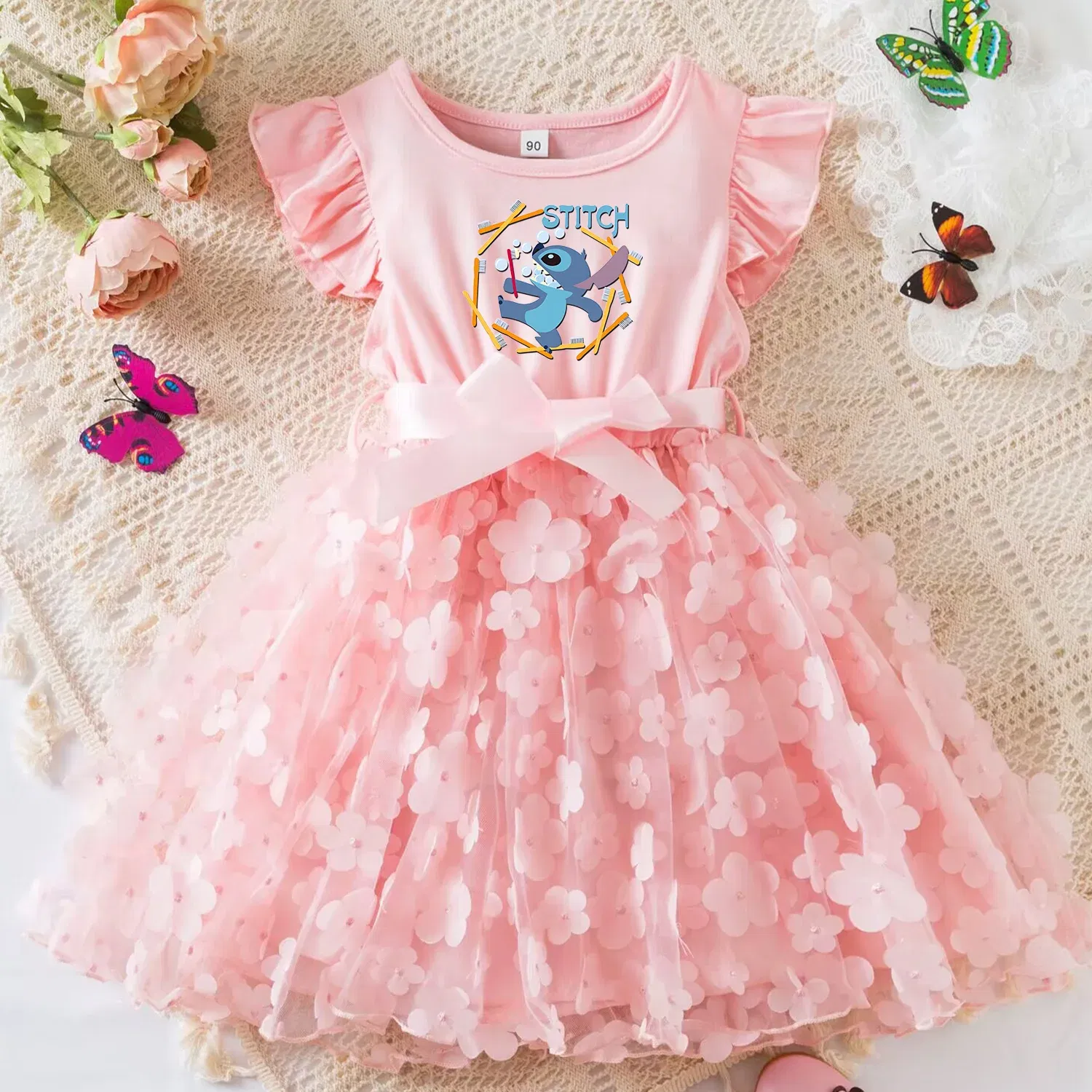 Color: Gold, Size: L - 3D Butterfly Cute Lilo Stitch Summer Dress for Kid's Casual Clothes Baby Girls Beautiful Princess Dress Party Dresses 2-6 Yrs