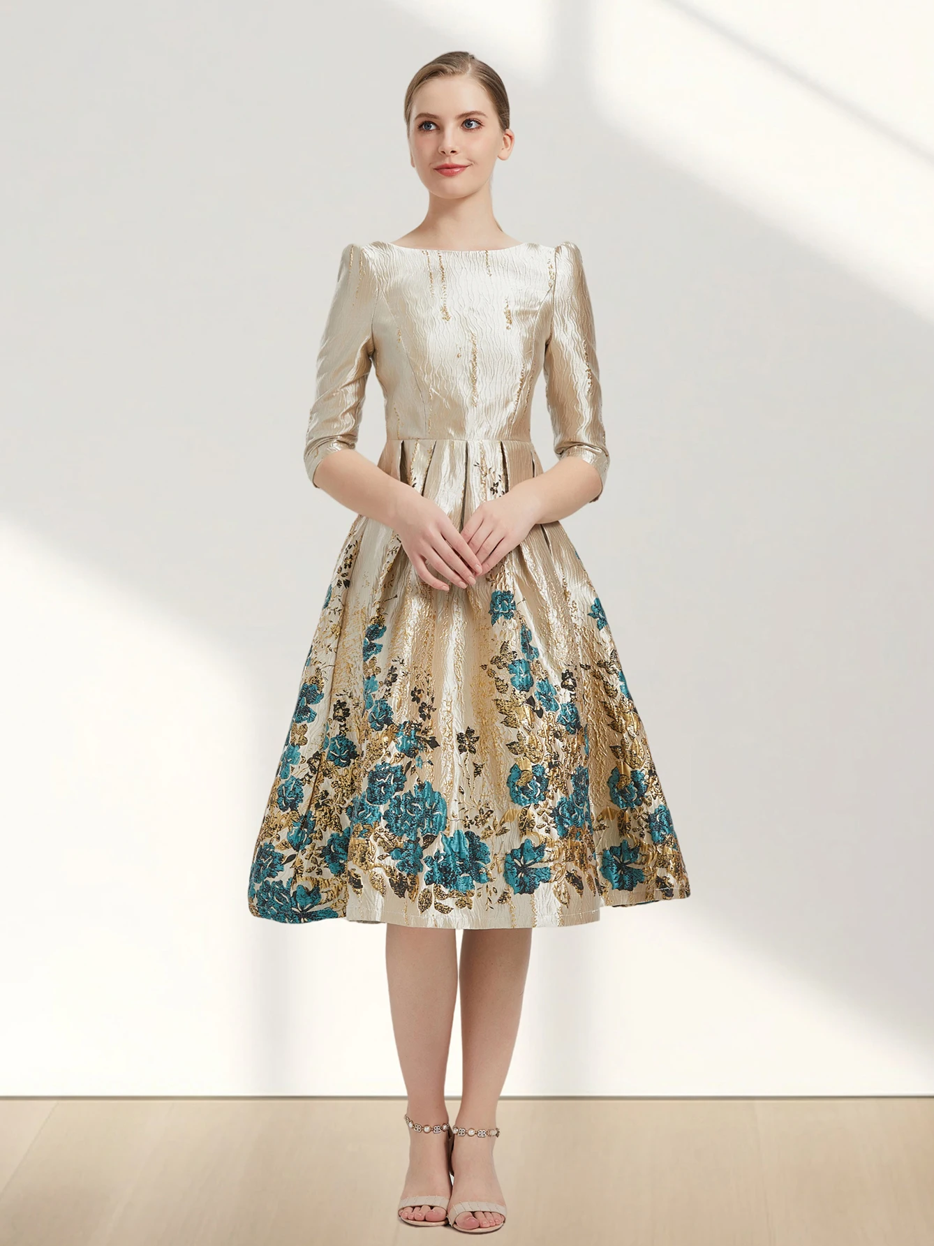 Color: Beige, Size: L - Women Luxury Floral Jacquard Dress 2024 New Fashion Sleeve Party Long Brocade Elegant Casual Girls Evening Clothing