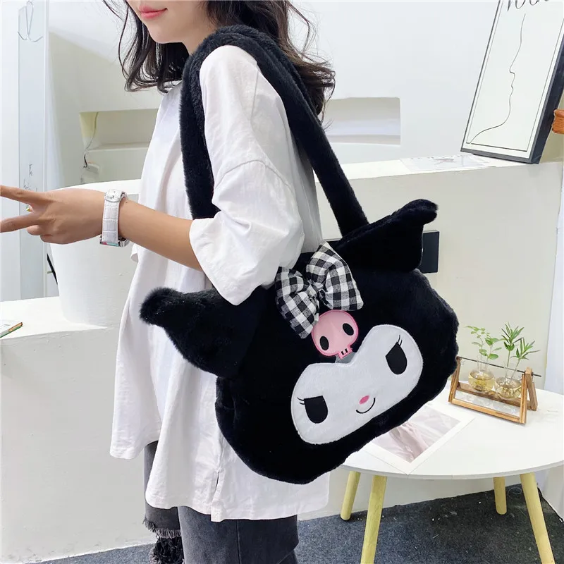 Color: Brown - Kawaii Sanrio Plush Cinnamoroll Melody Kuromi Tote Handbags Shoulder Bags Women Fashion Female Messenger Bag Purses Xmas Gifts