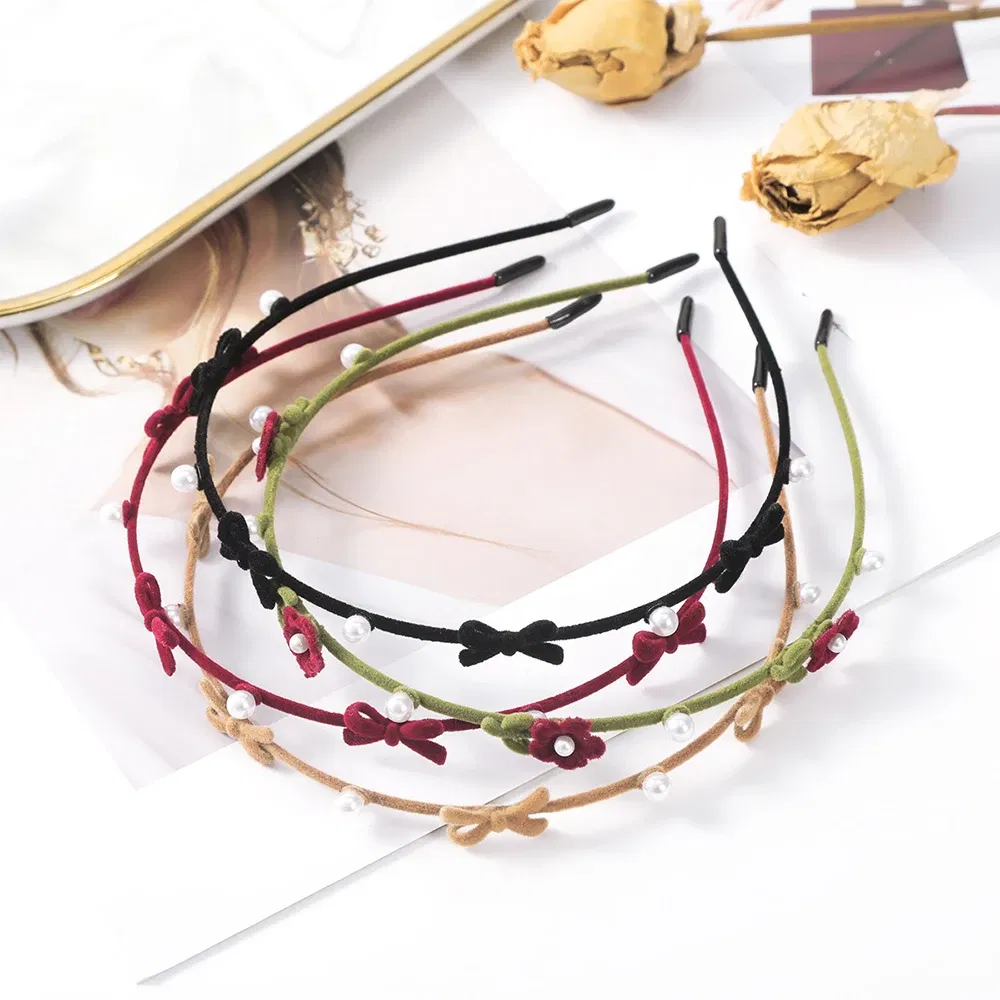 Color: black - Flocking Flower Headbands Pearl Hairbands Headdress Hair Hoop Band Hair Accessories for Women Girls Teens