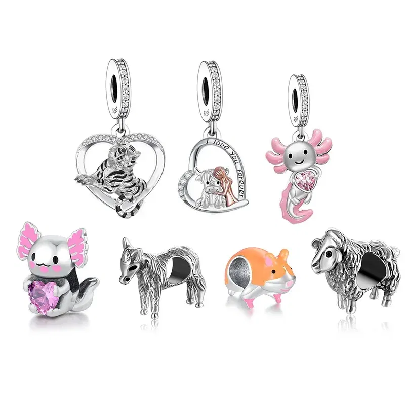Color: Blue - Fit Original Pan Charm Bracelet 925 Silver Sheep Tiger Highland Cow Tiger Mexico Axolotl Hamster Bead For Making Berloque