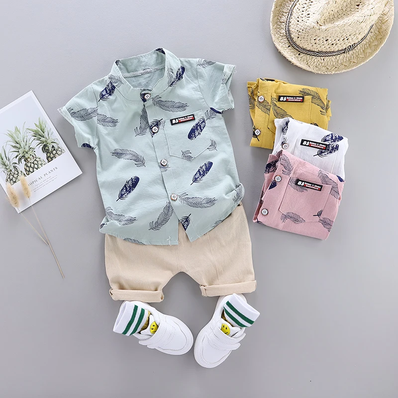 Color: Pink, Kid Size: 6M - 0-3 Year Old Baby Summer Feather Print Shirt Short Sleeve Suit