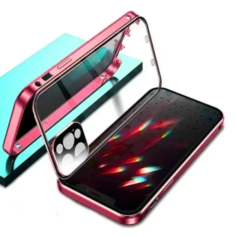 Color: Red, Material: POLYESTER - Double-Sided Privacy Magnetic Case For iPhone 16 12 13 14 15 11 Pro Max 14 Plus 16 Plus Anti Peeping Full Cover Metal Frame Case