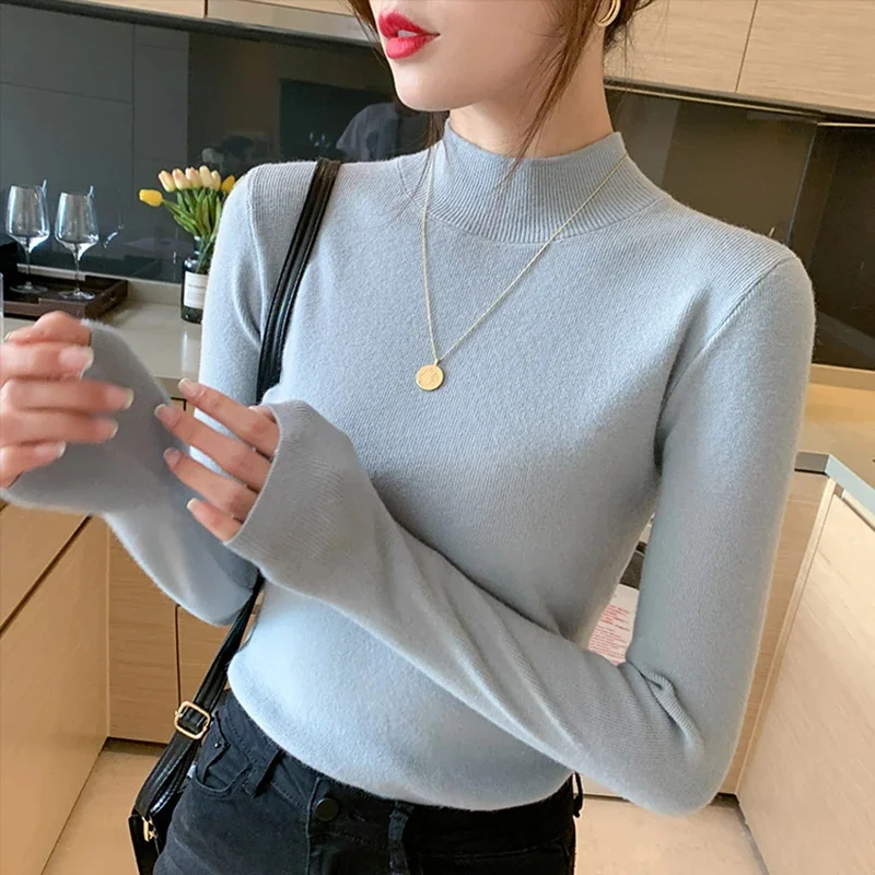 Color: Khaki, Size: One Size - Turtleneck Sweater Women Fashion New Stretch Tops Women Knitted Pullovers Long Sleeve Bottoming Knitted Sweater