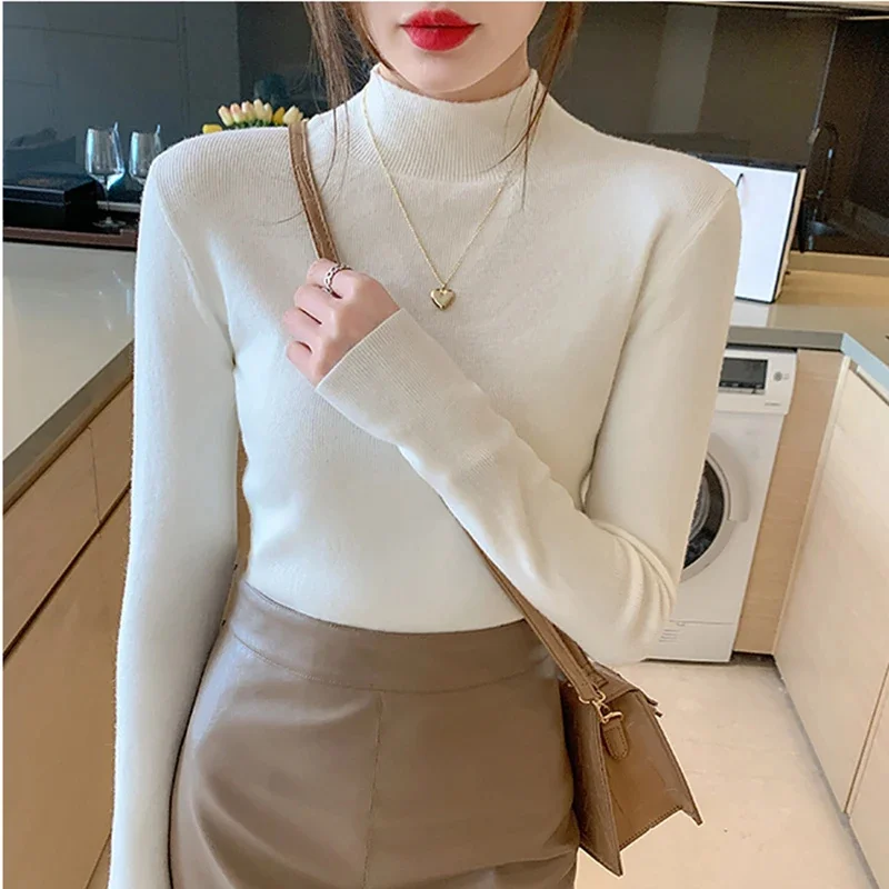 Color: Khaki, Size: One Size - Turtleneck Sweater Women Fashion New Stretch Tops Women Knitted Pullovers Long Sleeve Bottoming Knitted Sweater