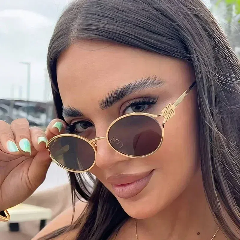 Lenses Color: Red - Luxury Brand Designer Oval Sunglasses For Women Sexy Metal Frame Small Round Sun Glasses Ladies Stylish Eyewear Shades UV400
