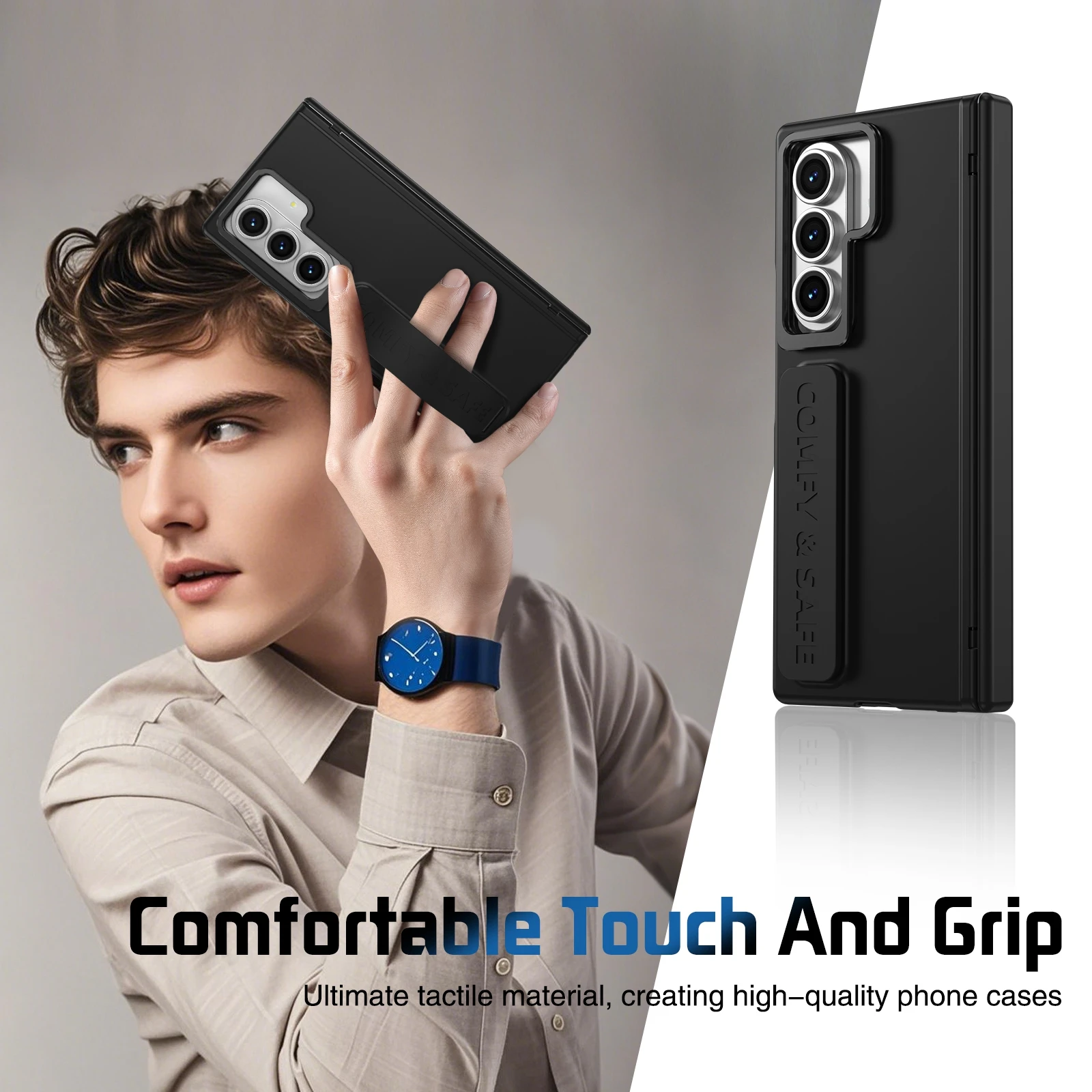 Color: Gold, Material: Leather - For Samsung Galaxy Z Fold 7 6 5 4 3 Wristband Hinge Lens Holder Phone Case Outer Screen Glass Film Protection Shockproof Cover
