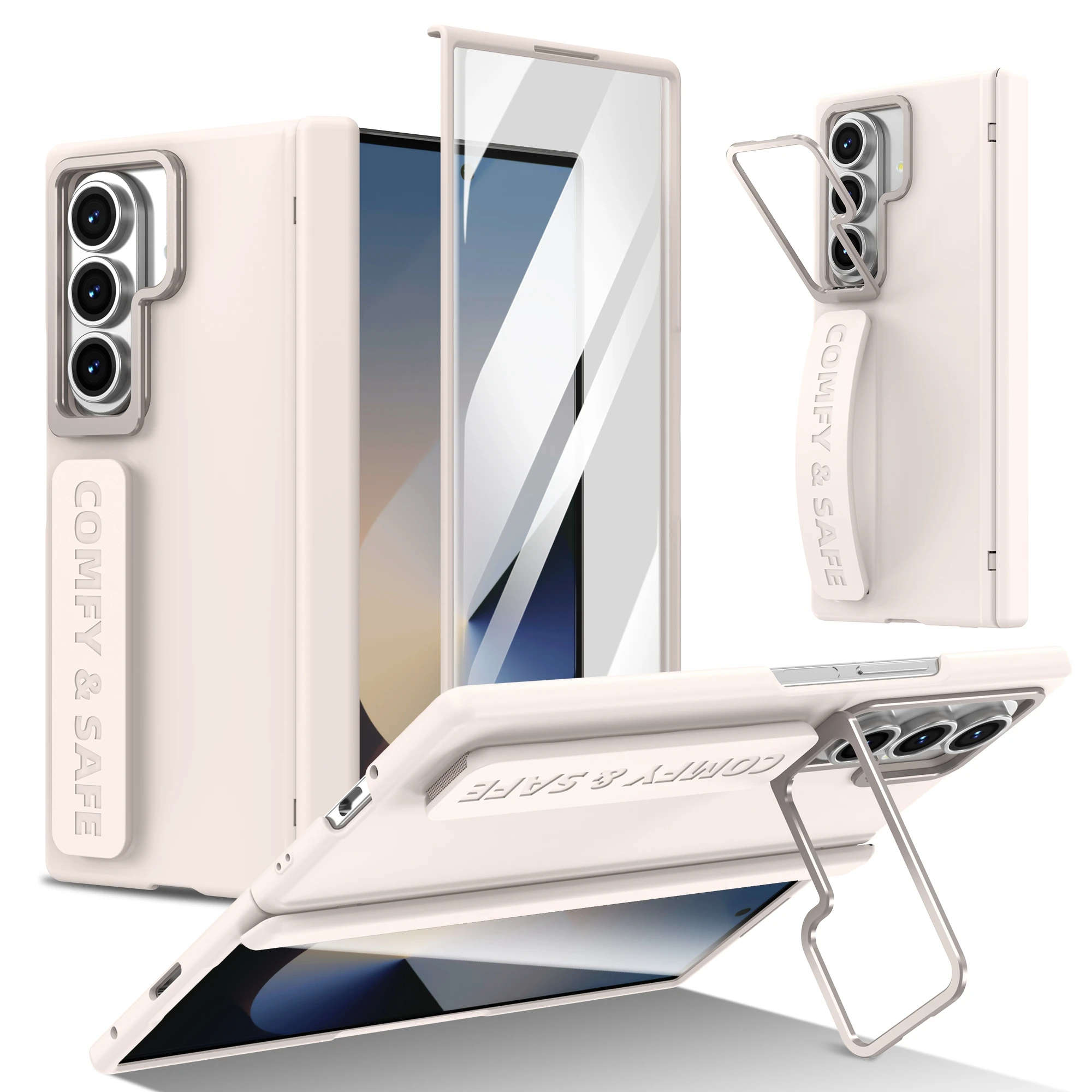 Color: Gold, Material: Leather - For Samsung Galaxy Z Fold 7 6 5 4 3 Wristband Hinge Lens Holder Phone Case Outer Screen Glass Film Protection Shockproof Cover