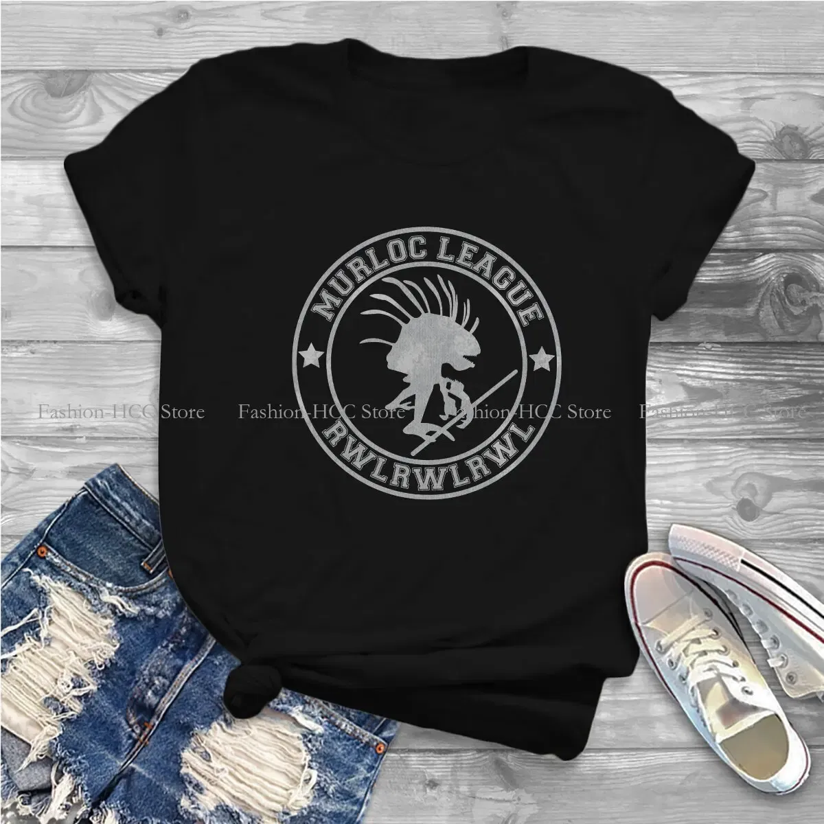 Color: black, Size: XXXL - World of Warcraft Polyester TShirts Murloc League Personalize Women's T Shirt Hipster Tops