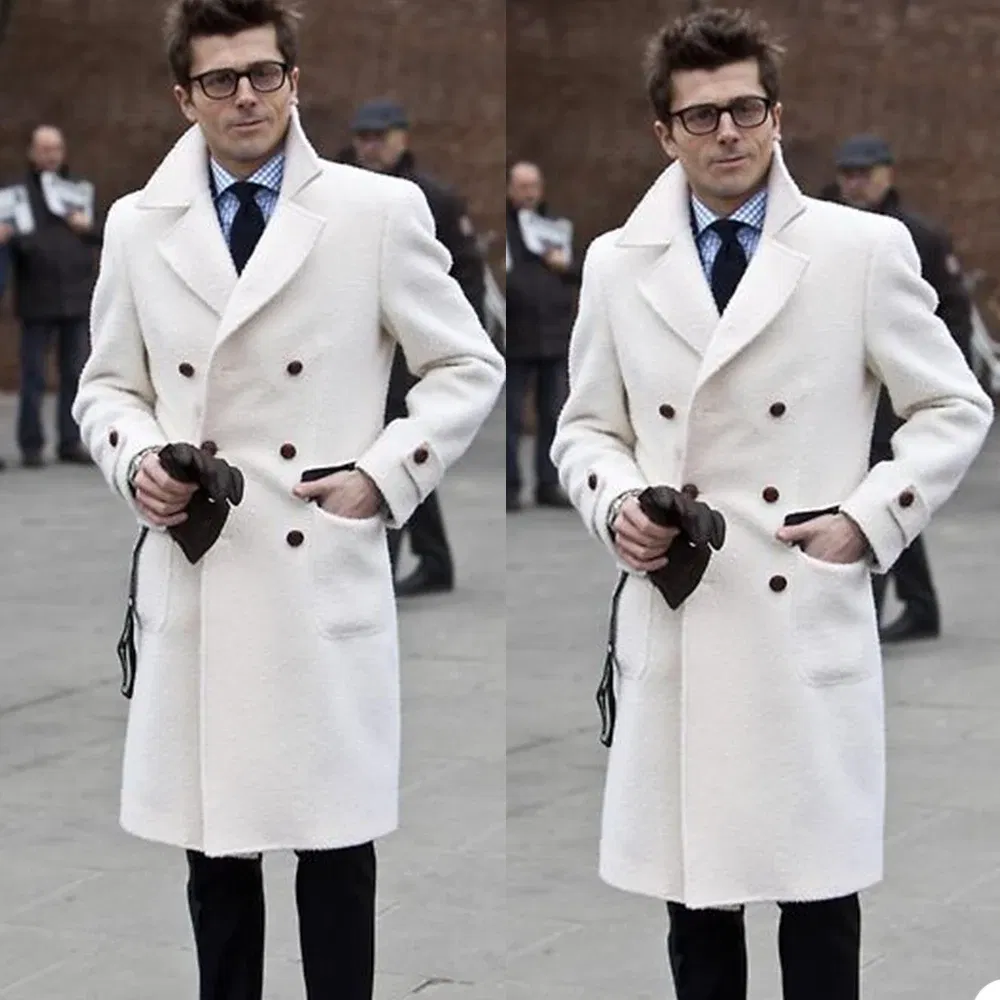 Color: Ivory, Size: 3P - Solid White England Style Woolen Overcoat Men's Thick Plus Double-Breasted Long Coat Casual Winter Fashion Warm Jacket