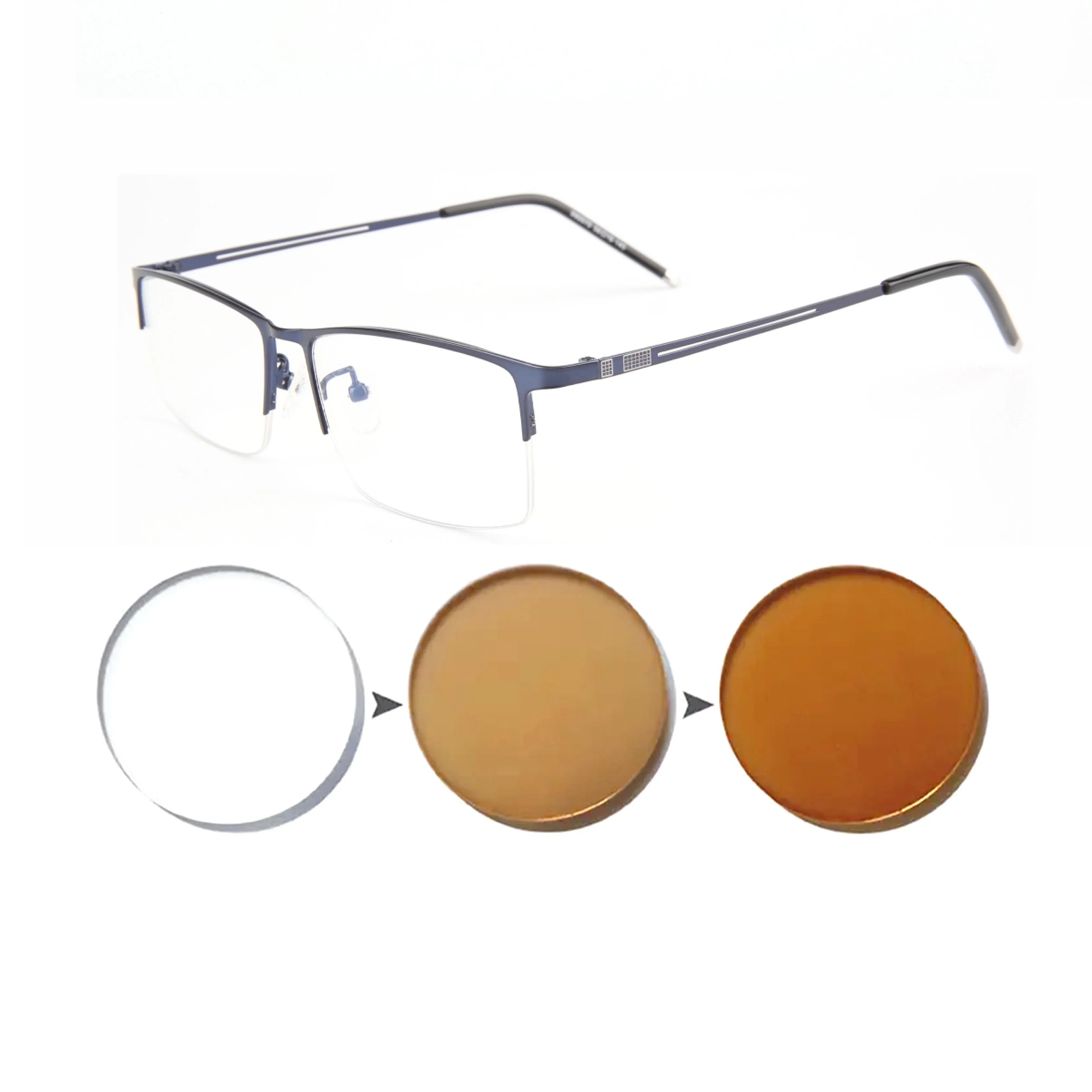 Frame Color: Khaki, Eye Prescription: +150 - Sun Photochromic Finished Myopia Glasses Women Men Metal Half Frame Chameleon Short-sight Eyewear0 -0.5 -0.75 -1.0  To -6.0