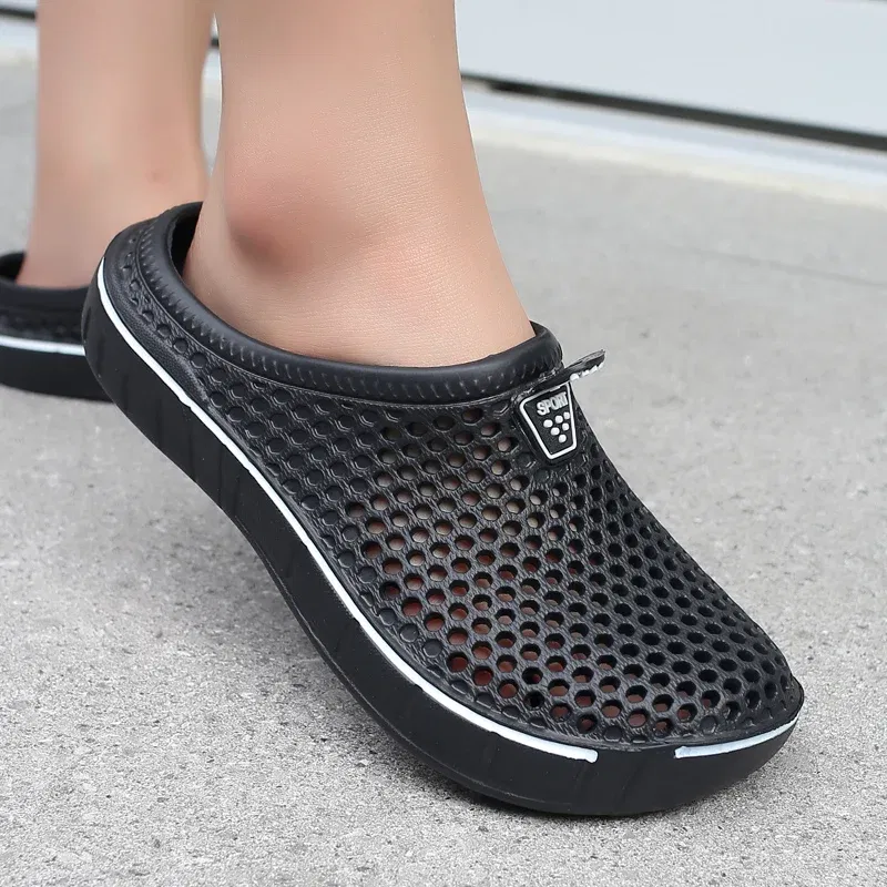 Color: black, Shoe Size: 42 - Men Slippers Beach Shoes Unisex Summer Hollow Outdoor Casual Men Beach Sandal Flip Flops Shoes Non-slip Size 36-45 Mens Slippers