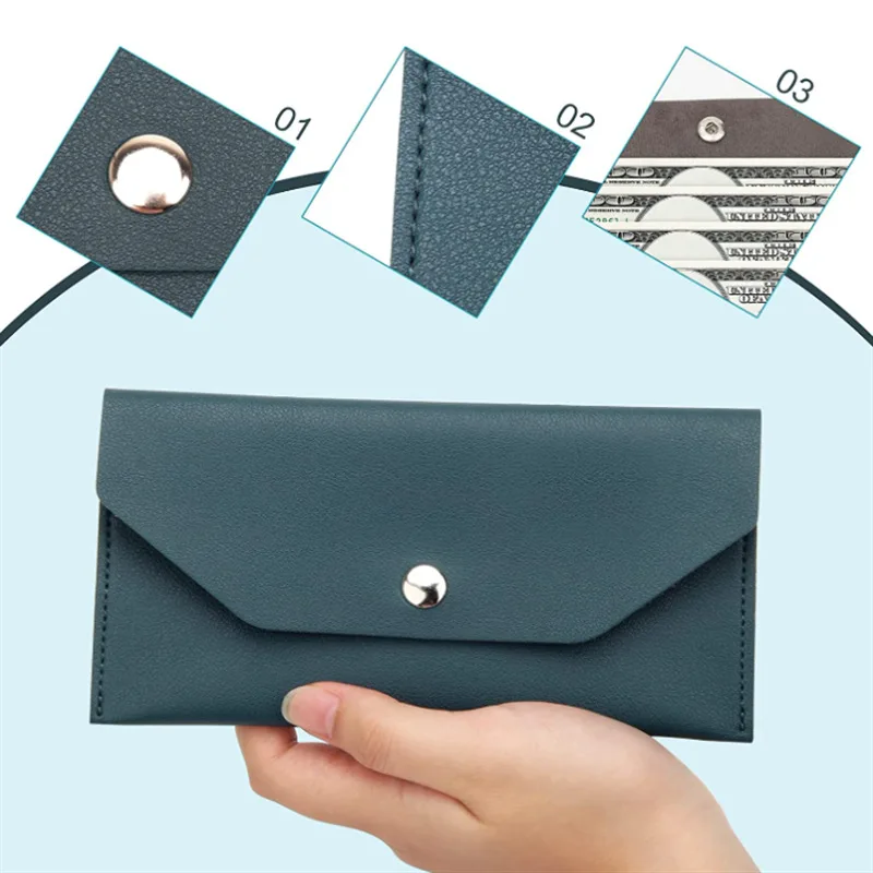 Color: Blue - Envelope Wallet PU Leather Cash Envelope Wallet Classic Fashion Long Women's Wallet Ferrule Name Card Holder Gift