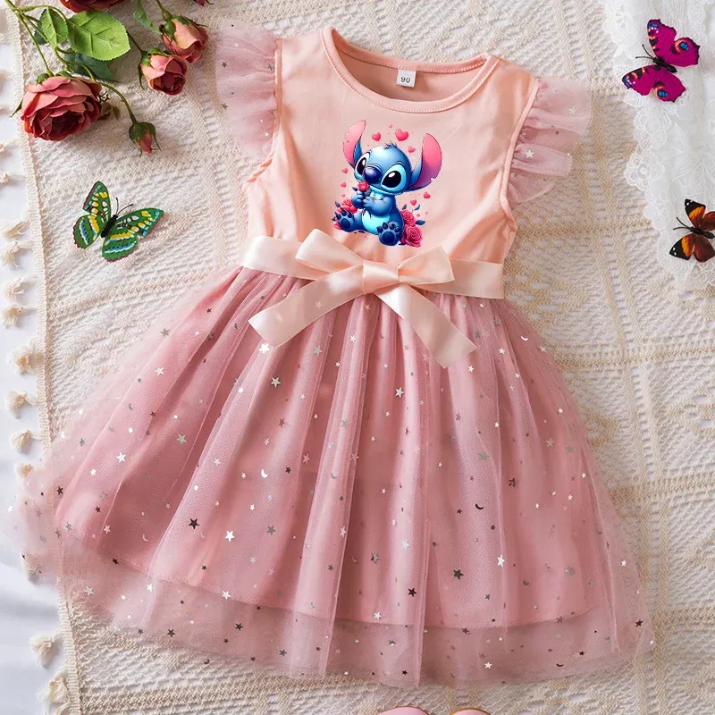 Color: army green, Kid Size: 2T - Lilo Stitch Girls Sequin Tutu Dress with Bow Flutter Sleeves Summer Princess Party Outfit for Toddler Kids 2-6 Years