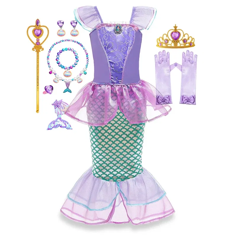Color: WHITE, Kid Size: 9 - Disney Little Mermaid Ariel Costumes for Girls Princess Dress Cosplay Halloween Carnival Kids Birthday Party Dress Up Clothing