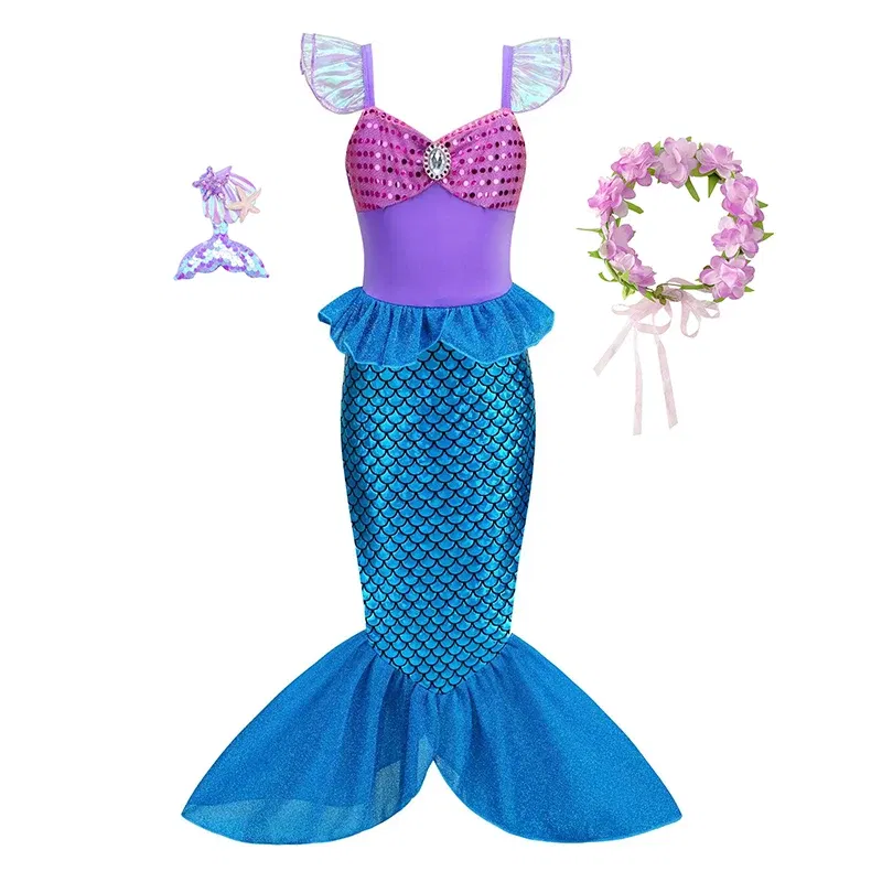 Color: army green, Kid Size: 4T - Disney Little Mermaid Ariel Costumes for Girls Princess Dress Cosplay Halloween Carnival Kids Birthday Party Dress Up Clothing