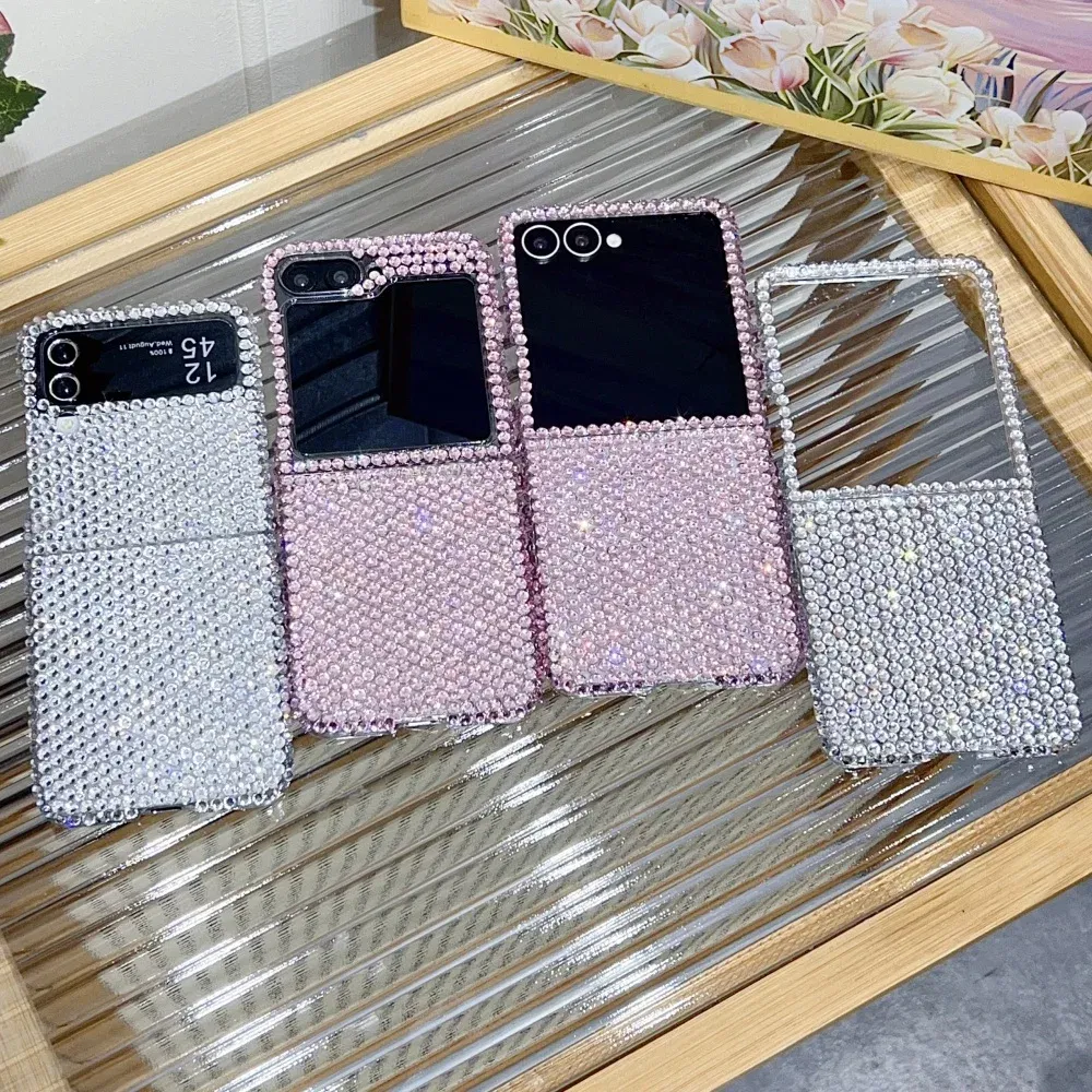 Color: Beige, Material: aluminum - Full Shiny Diamonds Cover Funda For Samsung Galaxy Z Flip 7 Wrist Strap Case For Samsung z flip 6 zflip5 zflip4 3 Luxury Case