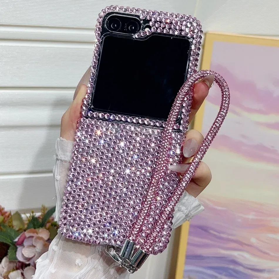 Color: Beige, Material: aluminum - Full Shiny Diamonds Cover Funda For Samsung Galaxy Z Flip 7 Wrist Strap Case For Samsung z flip 6 zflip5 zflip4 3 Luxury Case