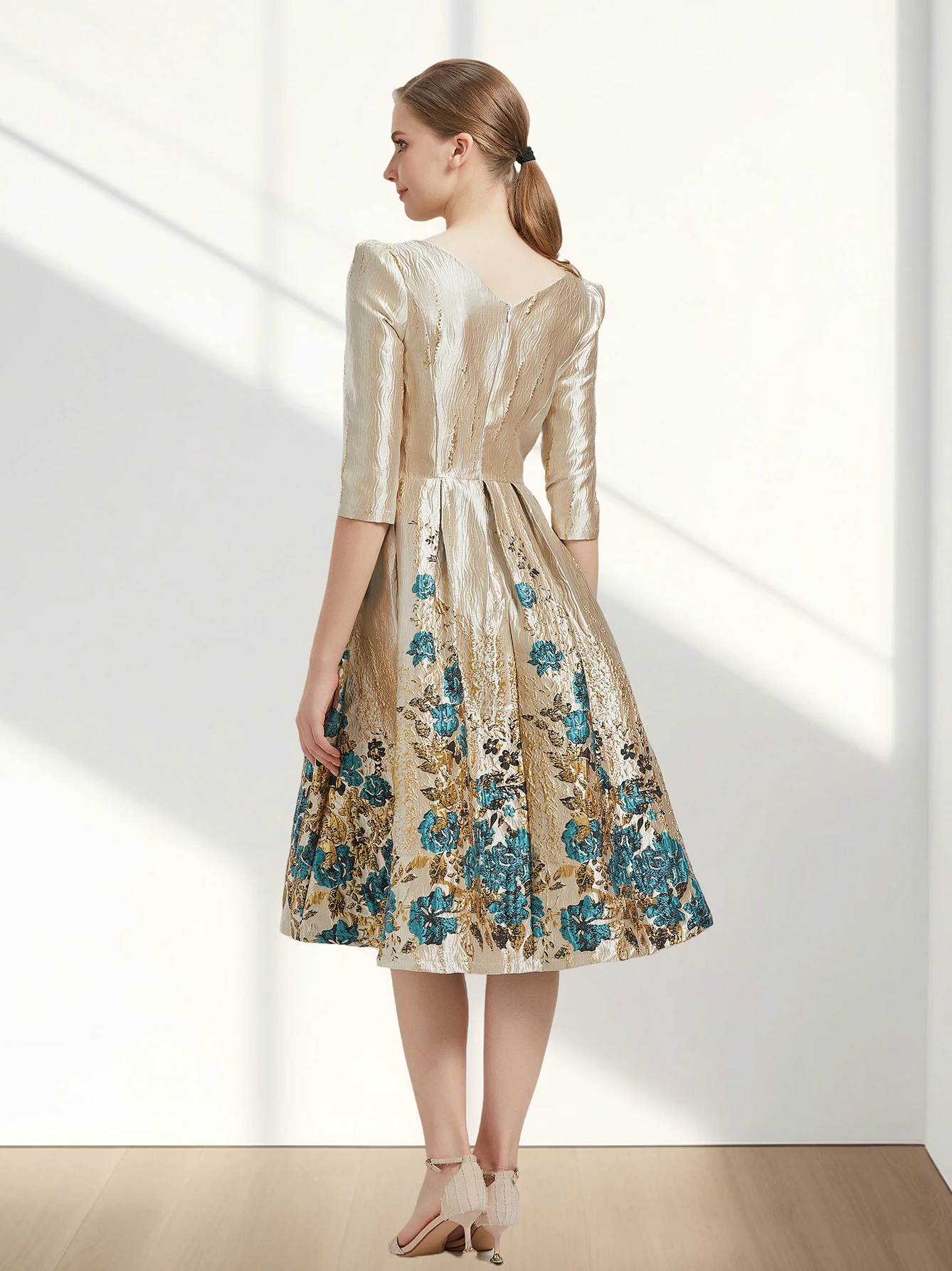 Color: Beige, Size: S - Women Luxury Floral Jacquard Dress 2024 New Fashion Sleeve Party Long Brocade Elegant Casual Girls Evening Clothing