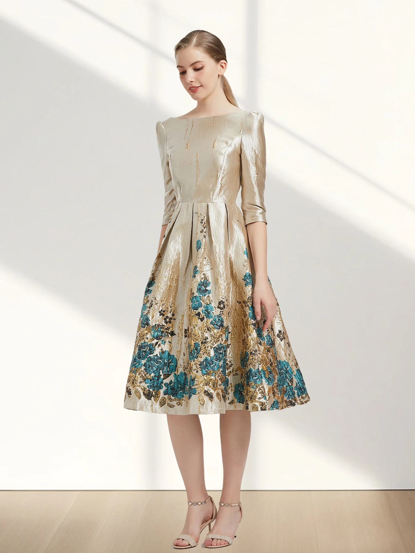 Color: Beige, Size: S - Women Luxury Floral Jacquard Dress 2024 New Fashion Sleeve Party Long Brocade Elegant Casual Girls Evening Clothing