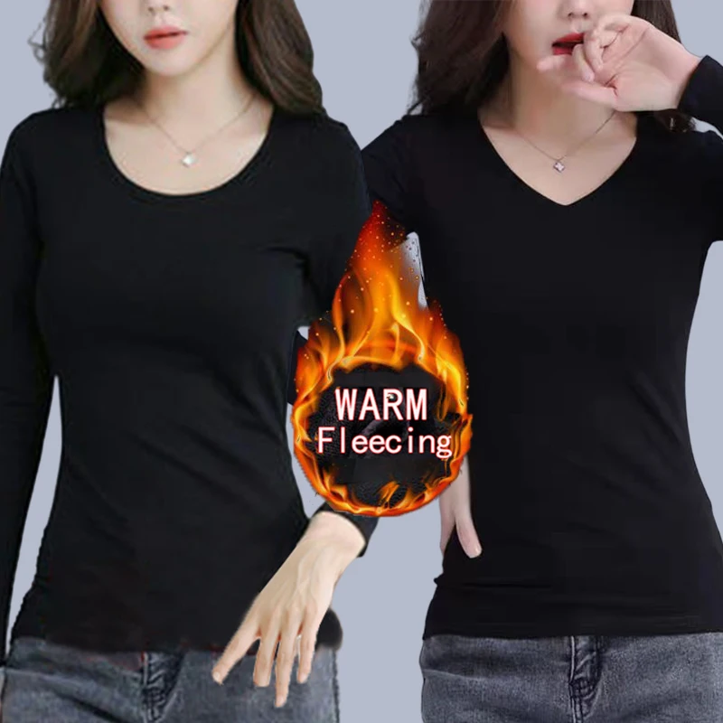 Color: army green, Size: L - O Neck Long Sleeve Fleeceing Heating Fiber Thermal Basic T-Shirts Women Winter Bottoming Cropped Tops Casual Skinny All-match