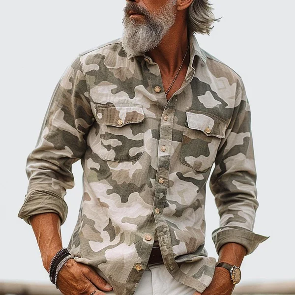 MEN'S CAMOUFLAGE LAPEL BREAST POCKET CARGO SHIRT