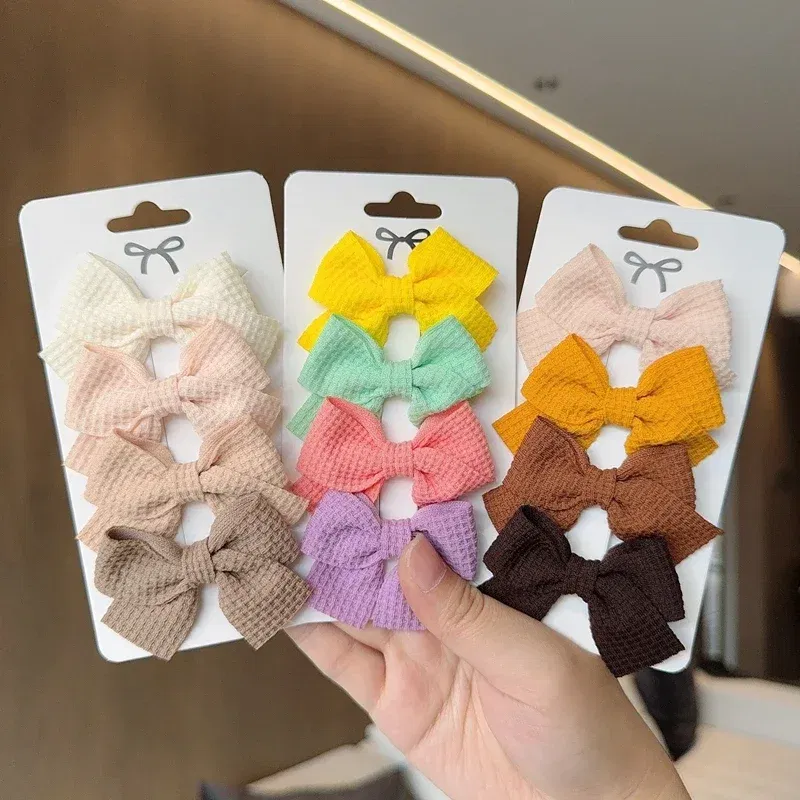 Color: Dark pink - 4PCS Soft Cotton Bow Hairpin Girl Sweet Plaid Design Hairpin Color Block Delicate Hairgripe Barrettes Kawaii Child Accessories