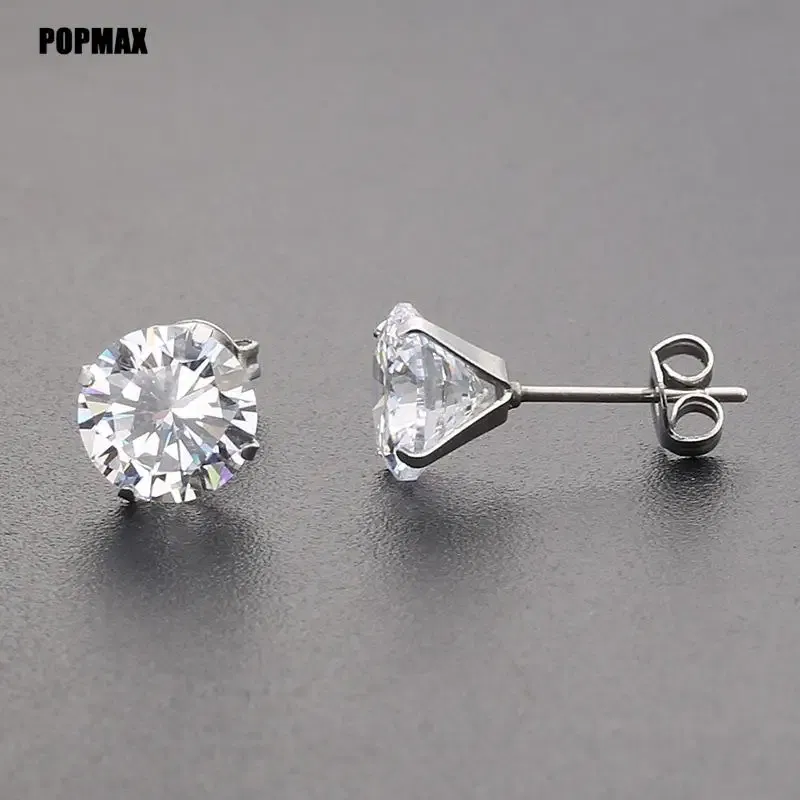Metal Color: SILVER PLATED, Main Stone Color: Red - POPMAX 1Pairs/2Pcs Stainless Steel Crystal Studs Earrings For Women Men 4 Prong Tragus Round Clear Cubic Zirconia Ear Jewelry