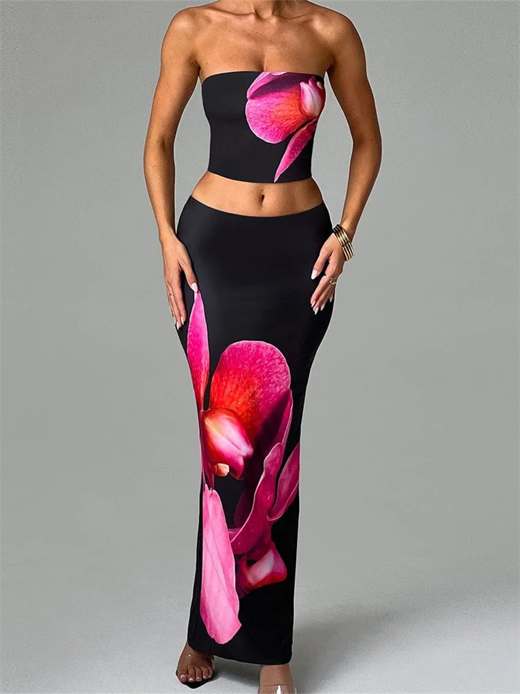 Color: black, Size: M - CHRONSTYLE Sexy Women 2 Pieces Outfits Floral Print Tube Tops and Elastic Waist Bodycon Long Skirts Sets Summer Streetwear 2024