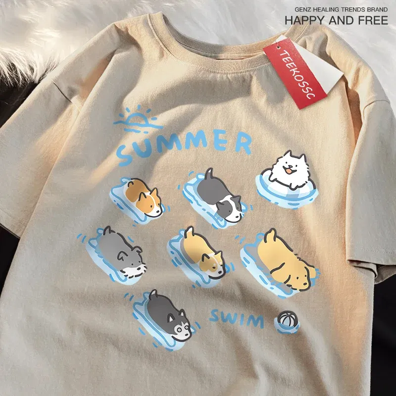 Color: green, Size: M - Fun Cat And Dog Swimming Japanese Style T-Shirt Female Casual Loose T-Shirts Summer Cotton Tops Fashion Breathable Tee Clothing