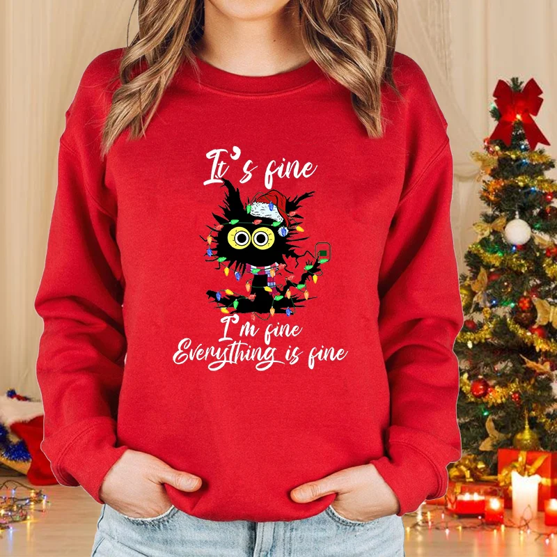 Color: Dark Brown, Size: XXL - New fashion women's Christmas cat sweater long-sleeved round neck pullover sweater fall and winter Christmas women's tops
