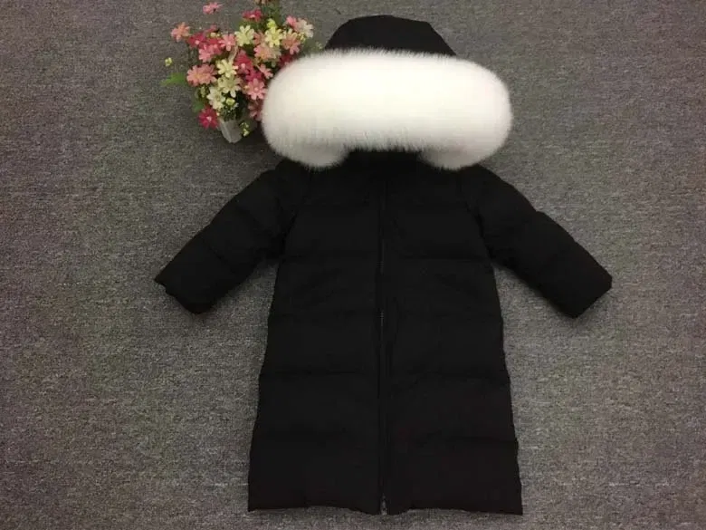 Color: black, Kid Size: 6 - Children Girl boy Winter real fur thickened down jackets 90 down Long Coat jacket overcoat baby kids clothing -30 outwear ws1245