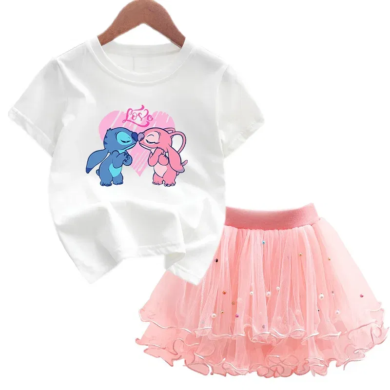 Color: Gold, Kid Size: 4T - 2pcs Lilo Stitch Summer Girls Outfits Cartoon T-shirt and Tutu Skirt Princess Clothes Suit Children Birthday Clothing Sets