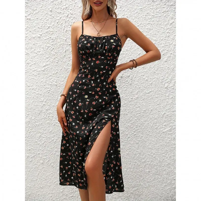 Color: Dark Green, Size: S - 2025 Summer Sexy Spaghetti Straps Dress Women Fashion Polka Dot Print Sleeveless Slit Dress Boho Casual Beach Midi Dresses