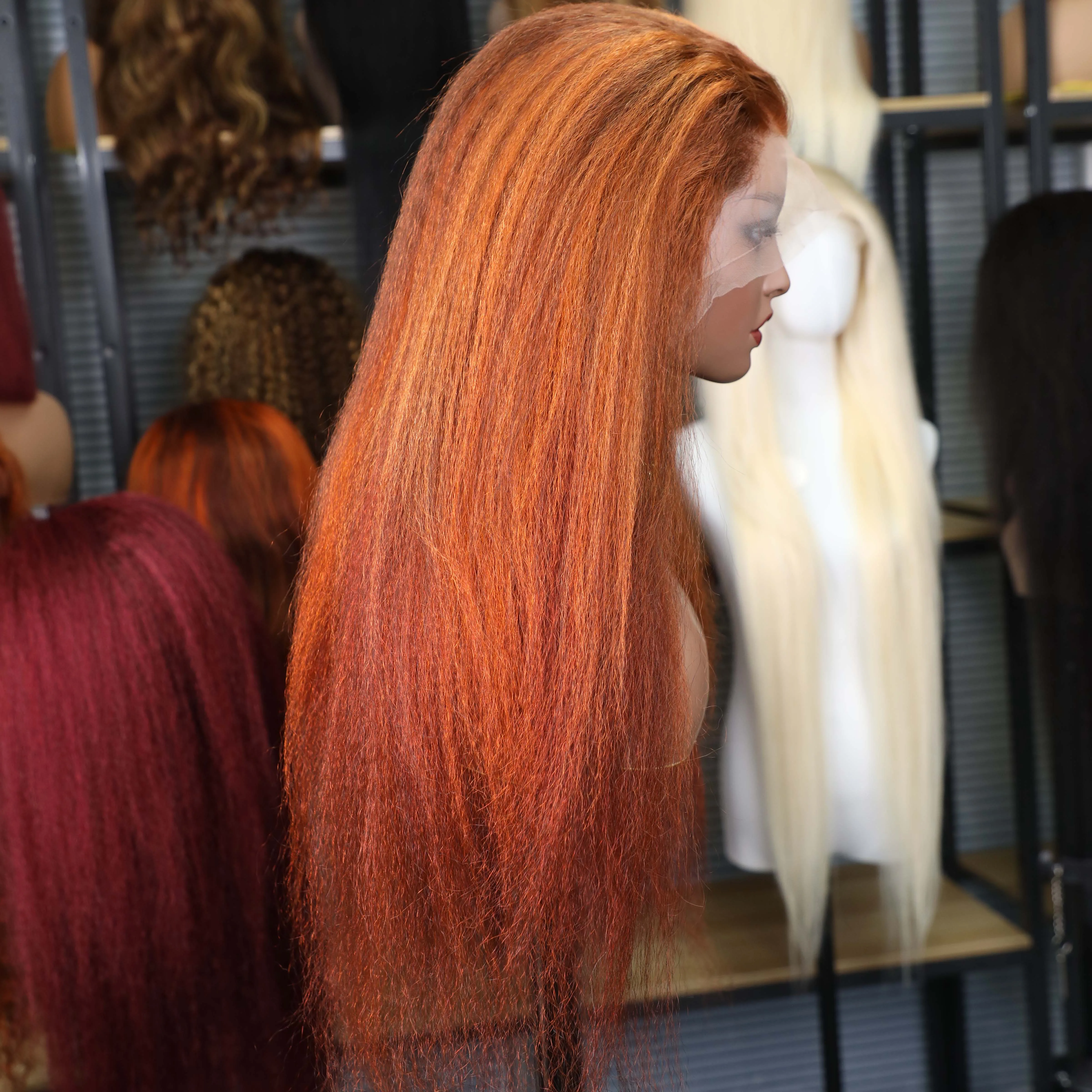Hair Color: #2, Stretched Length: 16inches, Density: 220% - 4/350 Piano Color Kinky Straight 13x6 Lace Frontal Human Hair Wigs Highlight Ginger Orange Brown Color Remy 13x4 Lace Front Wig