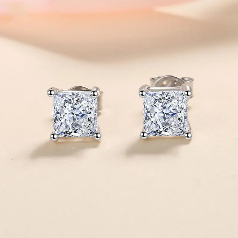 Metal Color: Rhodium Plated - KNOBSPIN D Color Princess Cut Moissanite Earring s925 Sterling Sliver Plated with 18k White Gold Earrings for Women Fine Jewelry