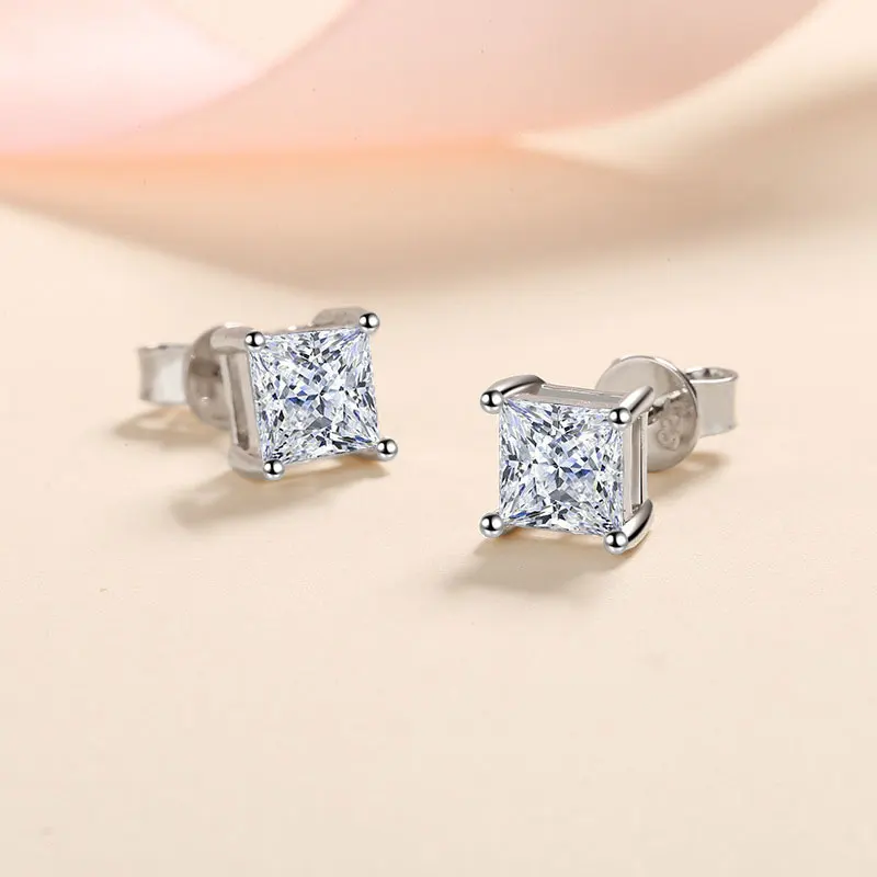 Metal Color: Rhodium Plated - KNOBSPIN D Color Princess Cut Moissanite Earring s925 Sterling Sliver Plated with 18k White Gold Earrings for Women Fine Jewelry