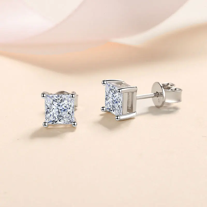 Metal Color: Rhodium Plated - KNOBSPIN D Color Princess Cut Moissanite Earring s925 Sterling Sliver Plated with 18k White Gold Earrings for Women Fine Jewelry