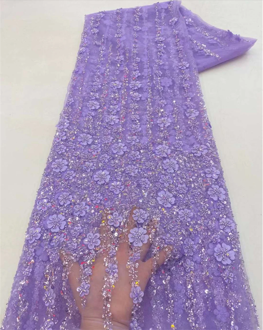 Color: Apricot, Length: 5 yards, Width: 120cm - White African Beads Groom Tulle lace Fabric 2025 High Quality Sequins Embroidery French Tulle Laces For Nigeiran Party Dress