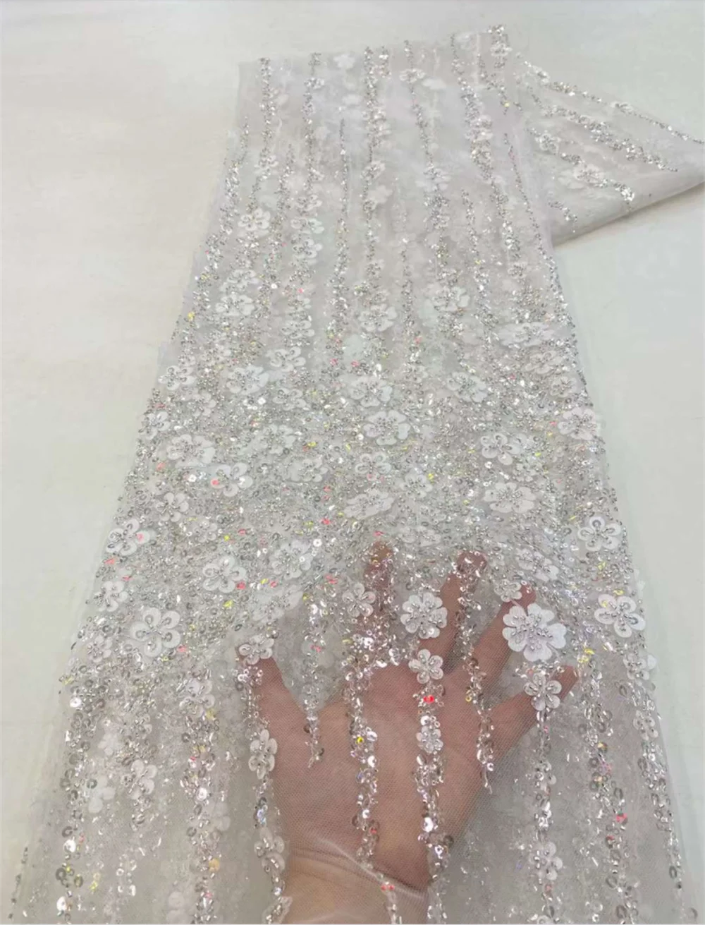 Color: Apricot, Length: 5 yards, Width: 120cm - White African Beads Groom Tulle lace Fabric 2025 High Quality Sequins Embroidery French Tulle Laces For Nigeiran Party Dress