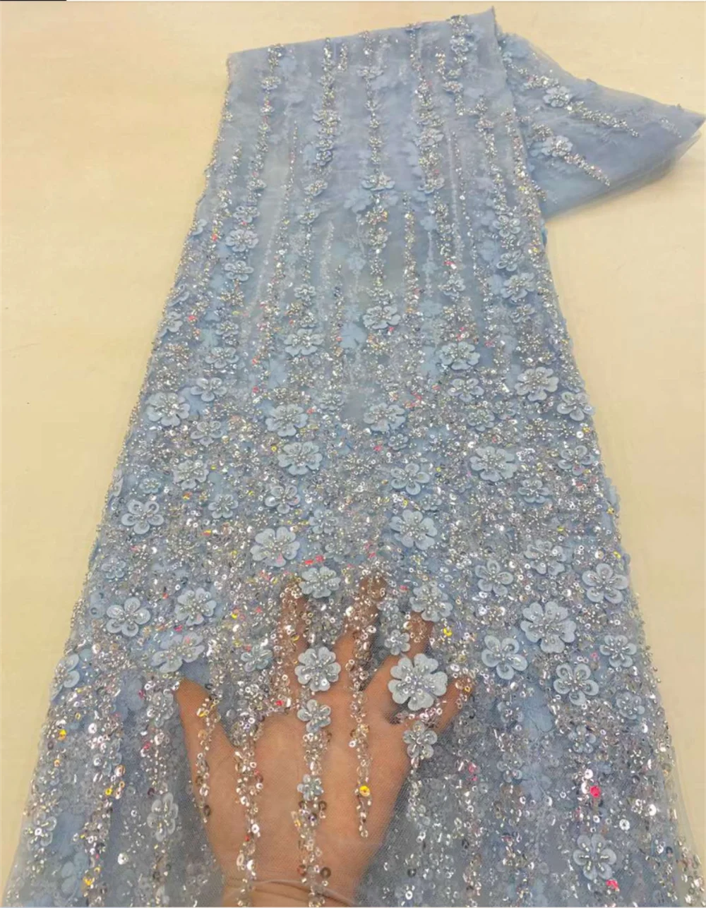 Color: Apricot, Length: 5 yards, Width: 120cm - White African Beads Groom Tulle lace Fabric 2025 High Quality Sequins Embroidery French Tulle Laces For Nigeiran Party Dress